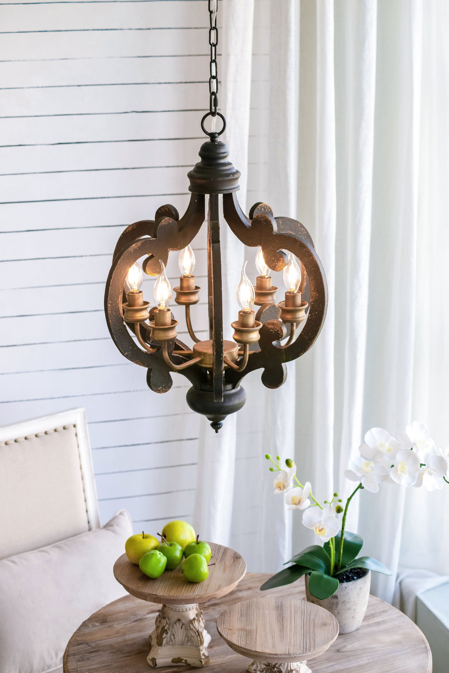 Farmhouse Chandelier, 6 Light Wood Chandelier Pendant Light Fixture With Adjustable Chain For Dining Room Living Room Entryway, Bulb Not Included - Beige Brown