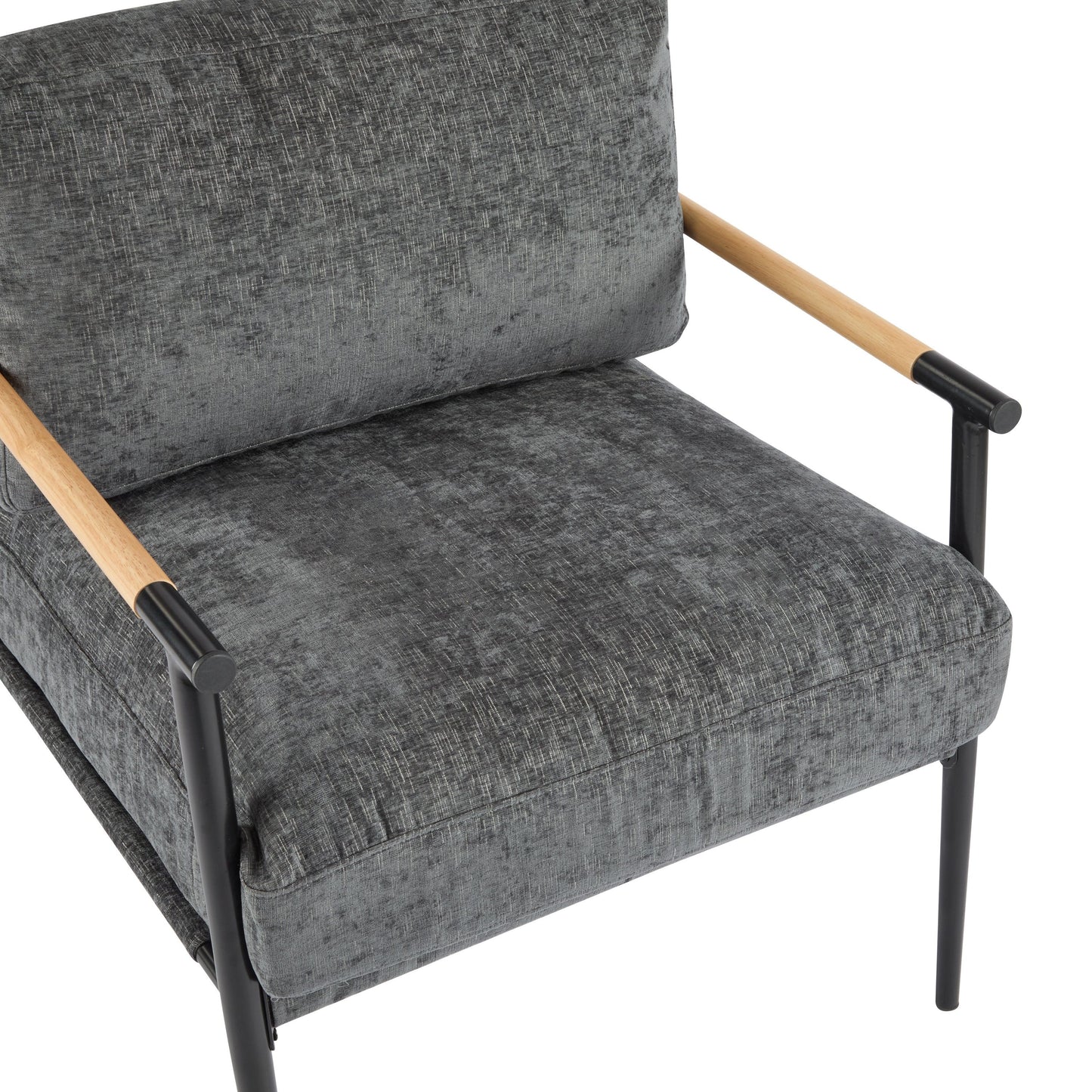 Modern Accent Chair With Plush Cushions, Minimalist Metal Frame, Wooden Armrest - Gray