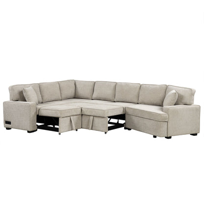 L-Shaped Sofa Sectional Sofa Couch Pull-Out Sofa Bed With Charging Devices And Cup Holders For Living Room - Beige