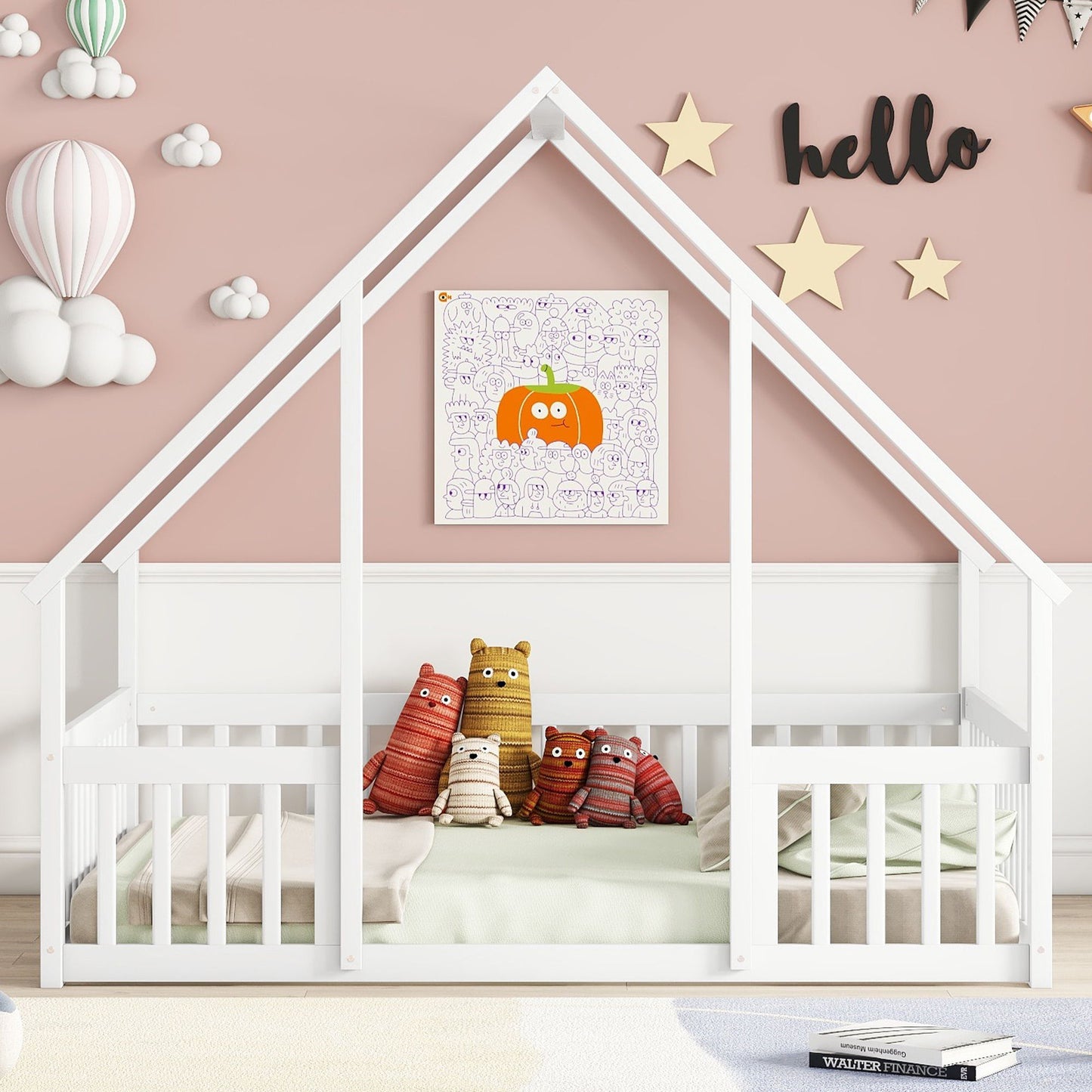 Full Wood House-Shaped Floor Bed With Fence, Guardrails - White