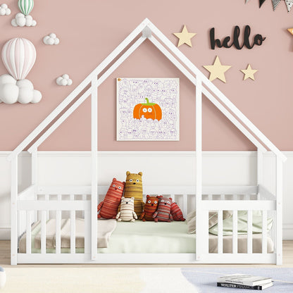 Full Wood House-Shaped Floor Bed With Fence, Guardrails - White