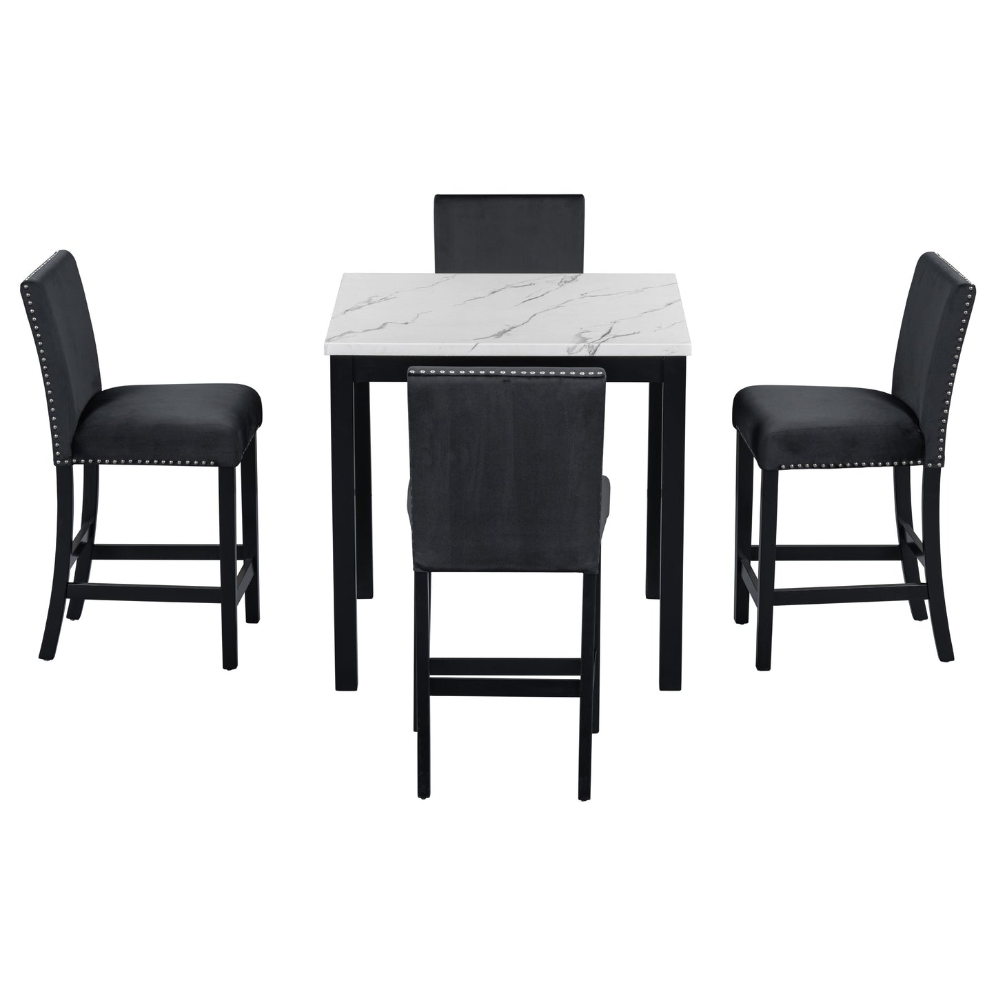 5-Piece Counter Height Dining Table Set With One Faux Marble Top Dining Table And Four Velvet Upholstered Chairs - Black