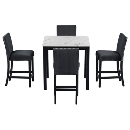 5-Piece Counter Height Dining Table Set With One Faux Marble Top Dining Table And Four Velvet Upholstered Chairs - Black