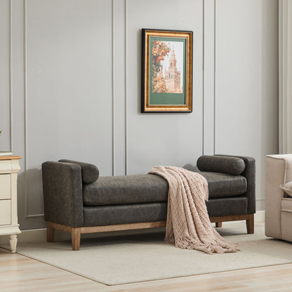 Elegant Upholstered Bench, Daybed, Ottman With Wood Legs & 2 Bolster Pillows For Bedroom, Living Room, Entryway - Gray