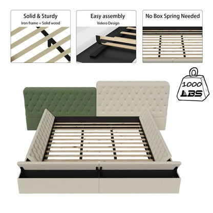 King Modern Upholstered Platform Bed With Storage Space, Sturdy And Stable Solid Wood Frame, Polyester Fabric, Easy To Assemble - Beige