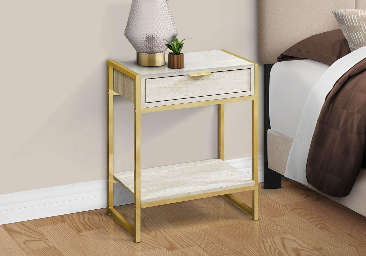 Accent Side Table, Storage Drawer, Marble Look, Contemporary & Modern - Beige
