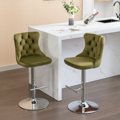 Swivel Velvet Barstools Adjusatble Seat Height From 25-33", Modern Upholstered Chrome Base Bar Stools With Backs Comfortable Tufted For Home Pub And Kitchen Island (Set of 2), 1712Ol - Olive Green
