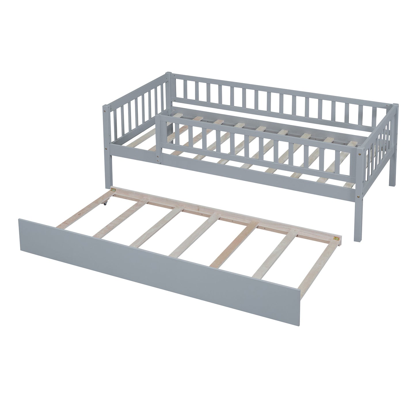 Twin Size Daybed With Trundle And Fence Guardrails - Gray