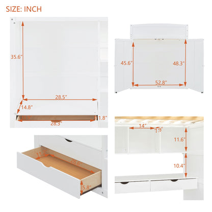 Full Size Loft Bed With Desk, Wardrobes, 4 Drawers And 4 Shelves - White