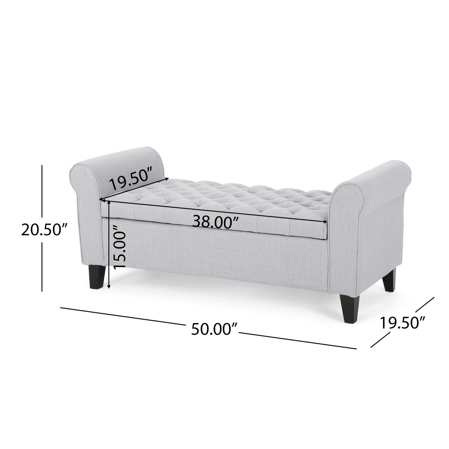 Hayes - Contemporary Armed Storage Bench With Button Tufting And Rolled Arms - Light Gray