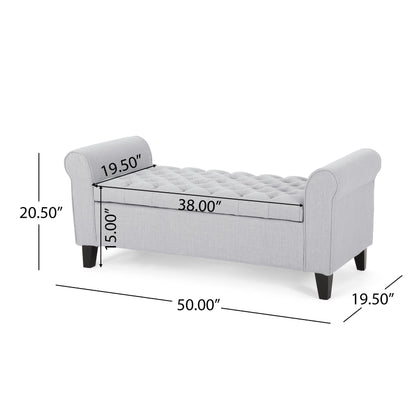 Hayes - Contemporary Armed Storage Bench With Button Tufting And Rolled Arms - Light Gray