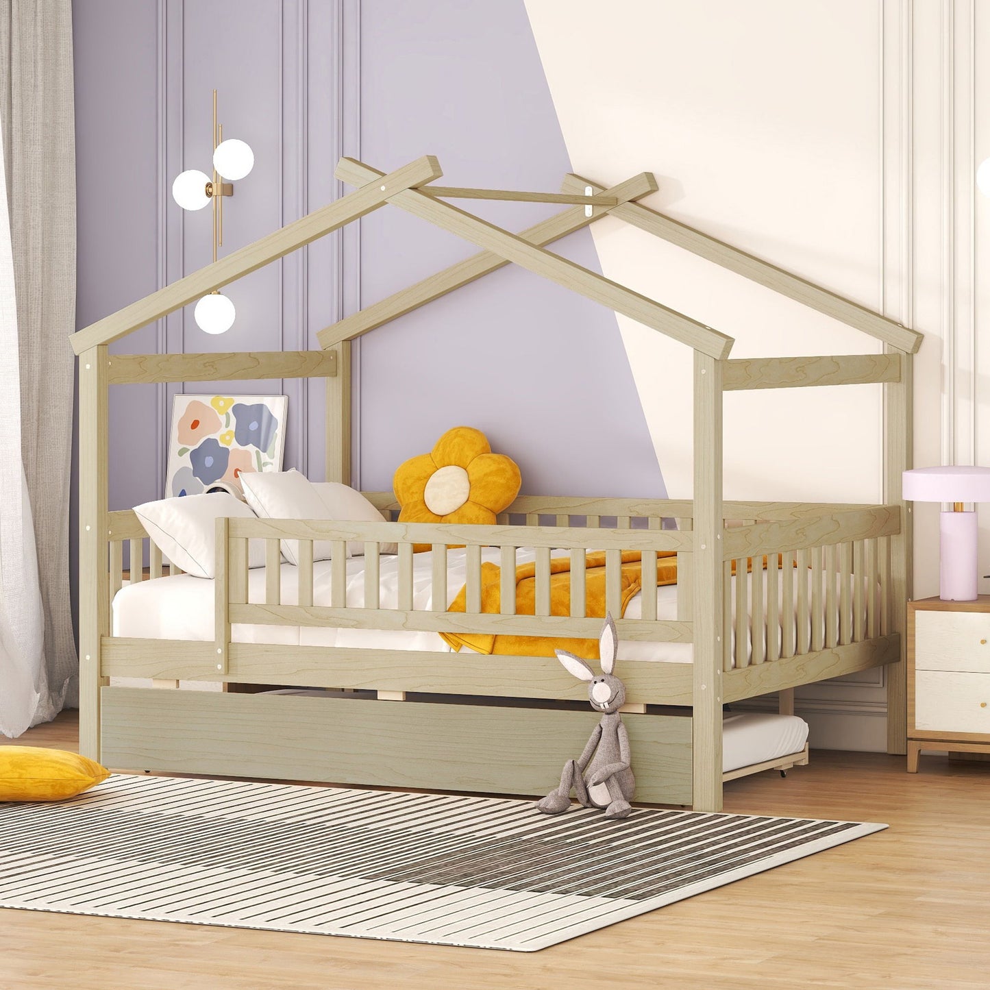 Full Size House Bed With Twin Size Trundle - Natural