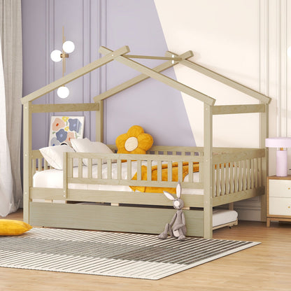 Full Size House Bed With Twin Size Trundle - Natural