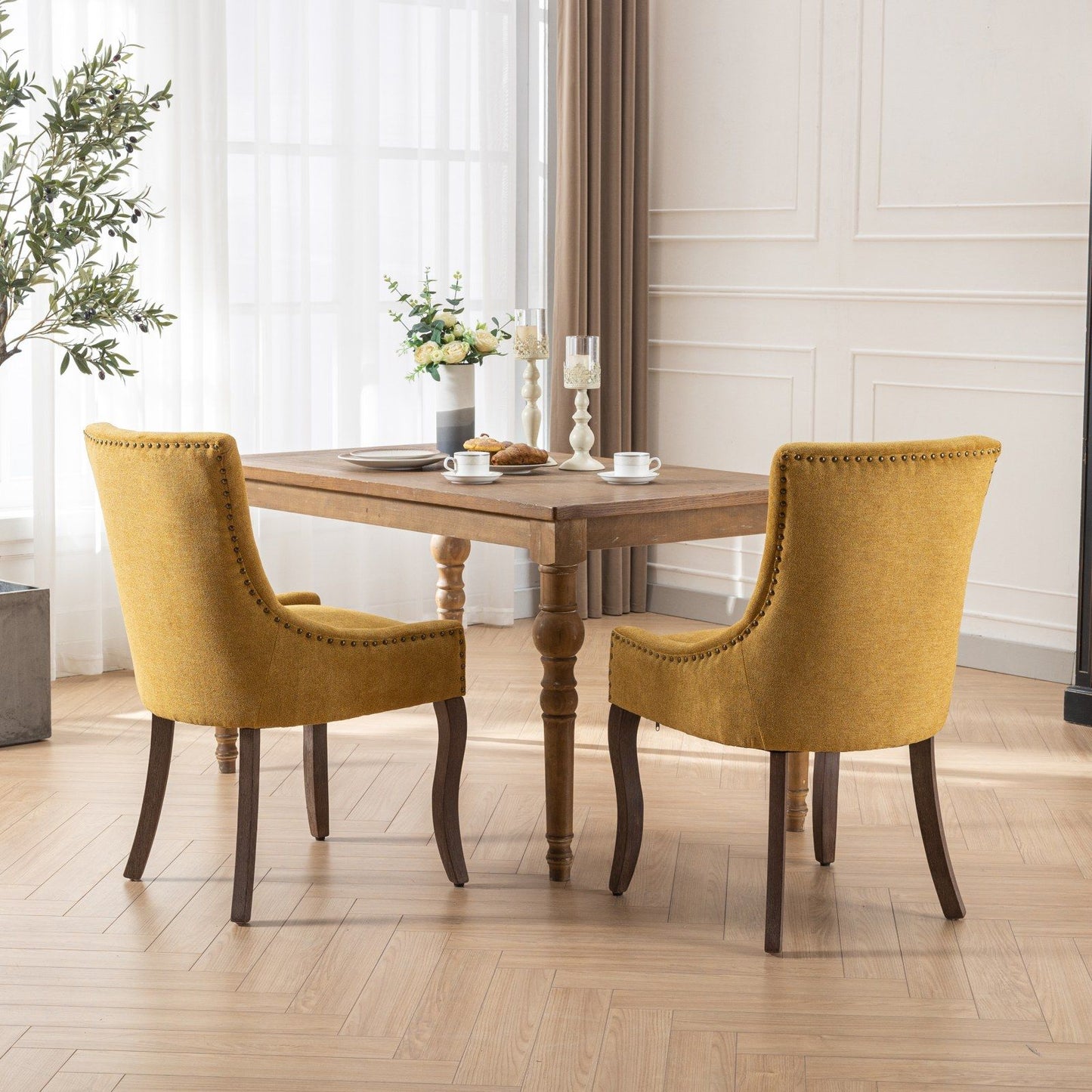 Ultra Side Dining Chair, Thickened Fabric Chairs With Neutrally Toned Solid Wood Legs, Bronze Nail Head (Set of 2) - Golden Yellow