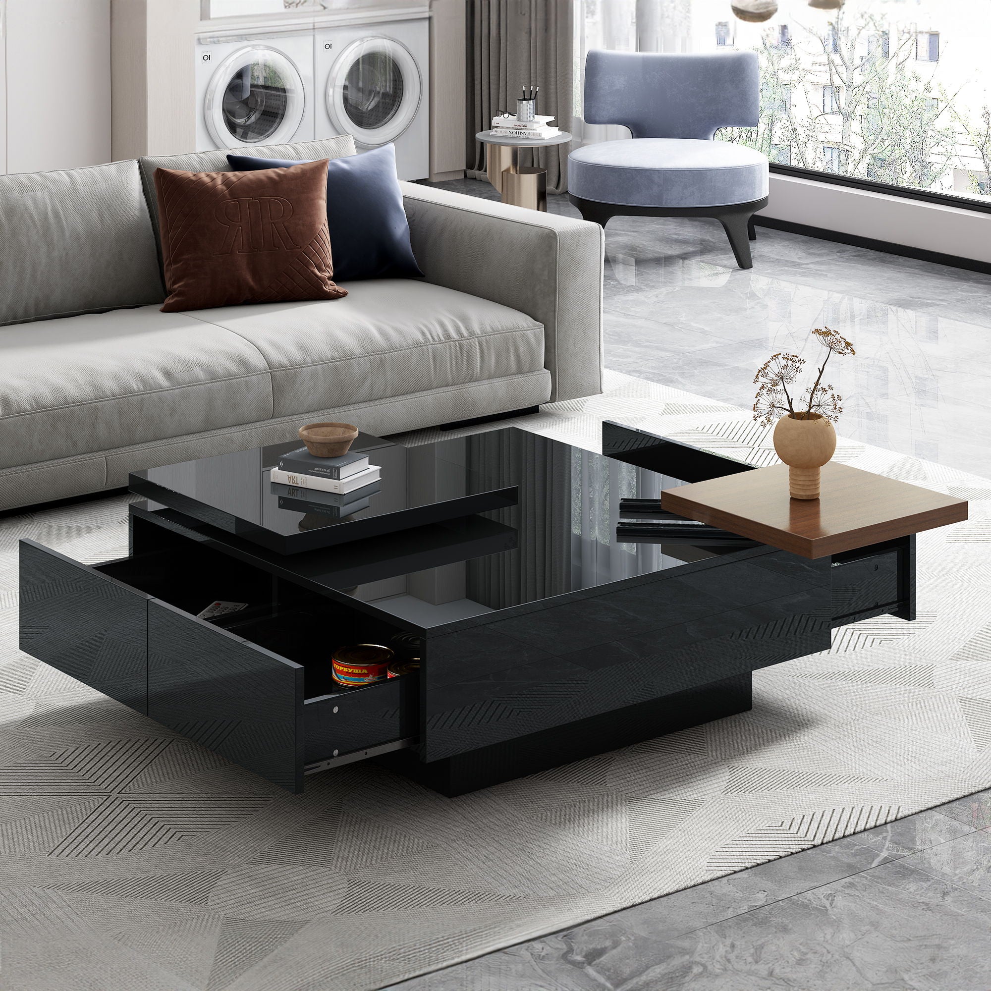 Movable Top Coffee Table, Modern Square Wood Coffee Table With High Gloss Finish, 4 Hidden Storage Drawers For Living Room - Black