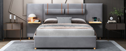 Queen Upholstered Platform Bed, 2 Outlets And USB Charging Ports On Both Sides, 2 Bedside Pillows, Storage Shelves - Gray