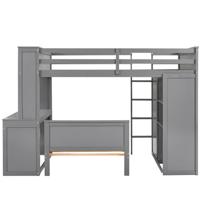 Twin Size Loft Bed With A Stand Alone Bed, Shelves, Desk, And Wardrobe - Gray