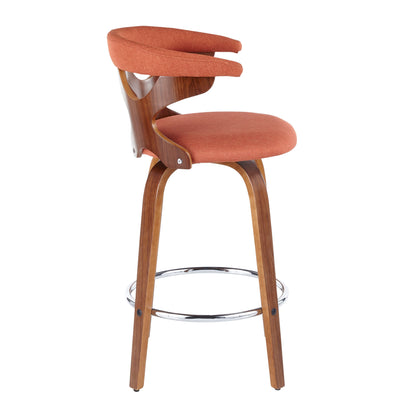 Gardenia - Mid-Century Modern Fixed Height Counter Stool With Swivel (Set of 2) - Walnut / Orange