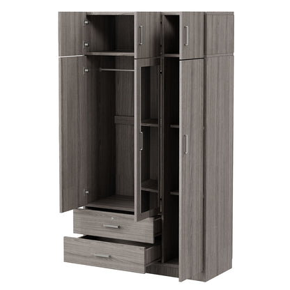 Modern 3 Door Mirror Wardrobe With 2 Drawers And Top Cabinet - Gray