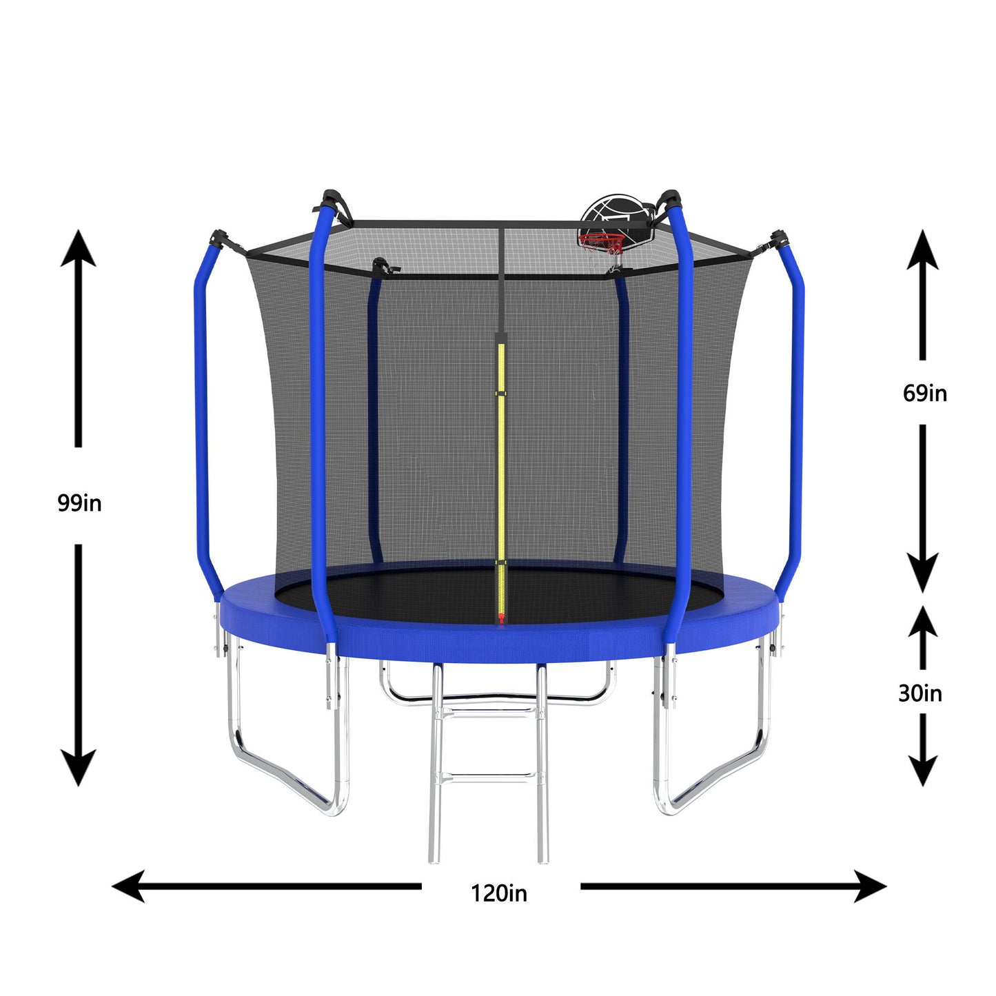 10' Trampoline With Basketball Hoop, Astm Approved Reinforced Type Outdoor Trampoline With Enclosure Net - Blue