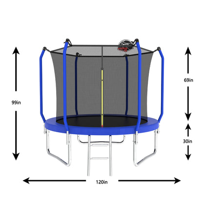 10' Trampoline With Basketball Hoop, Astm Approved Reinforced Type Outdoor Trampoline With Enclosure Net - Blue