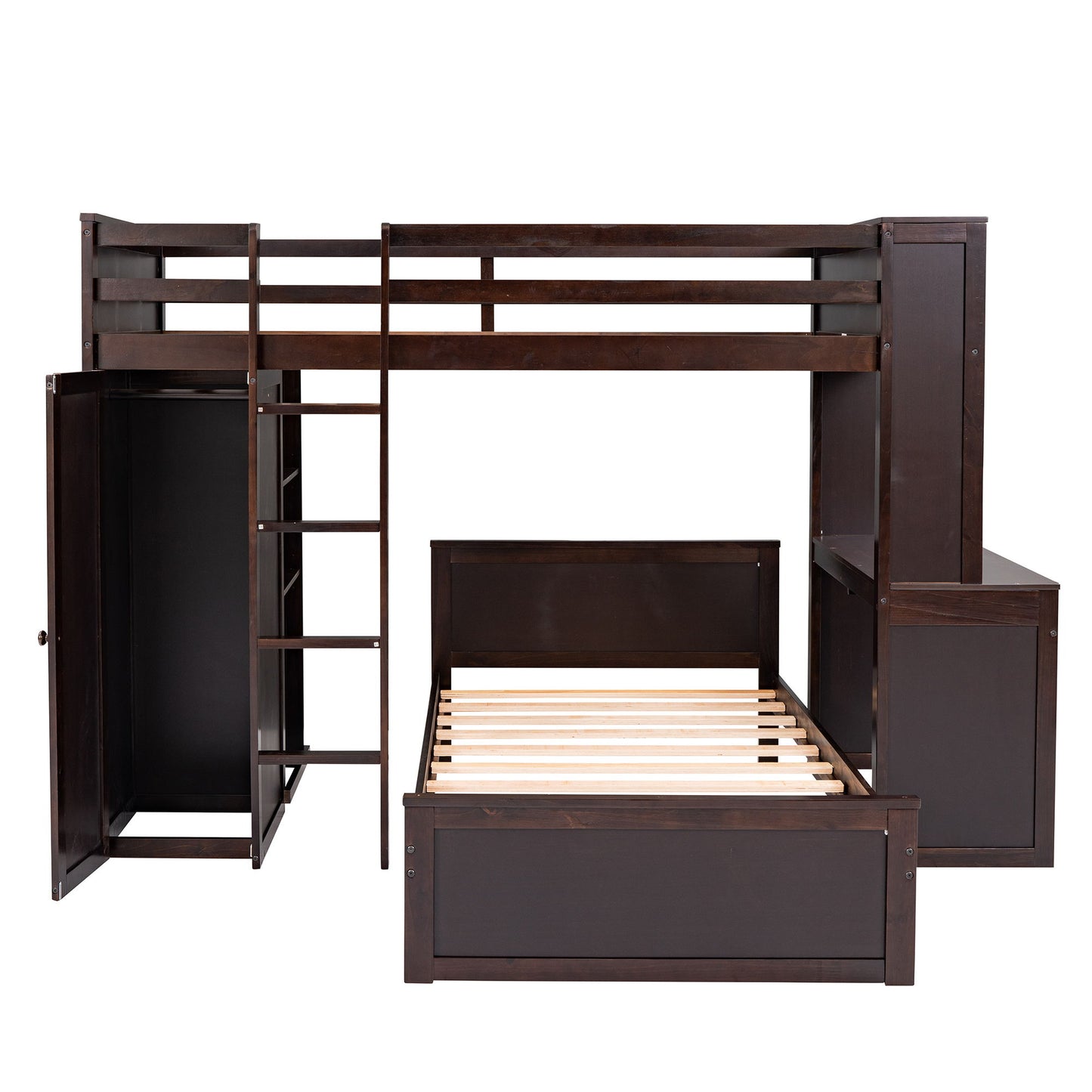 Twin Size Loft Bed With A Stand Alone Bed, Shelves, Desk, And Wardrobe - Espresso