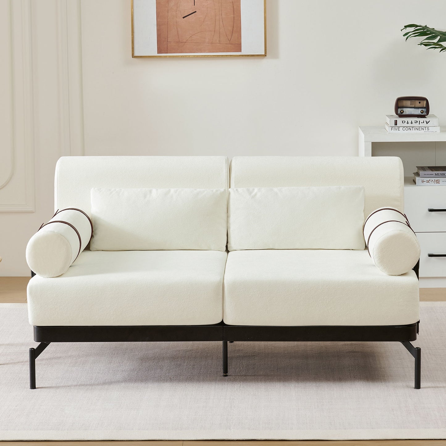 Modern Loveseat Sofa 59" Couch With Flexible USB Ports, Unique Cylindrical Armrests - Beige