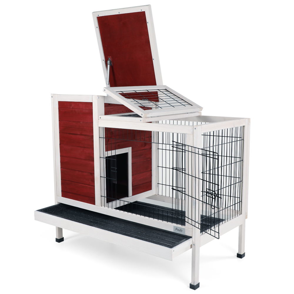 Two Tier Wooden Indoor / Outdoor Rabbit Cage For Small Animals With Runway And Leak-Proof Plastic Tray - Red