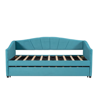 Twin Size Upholstered Daybed Sofa Bed With Trundle And Slat - Blue