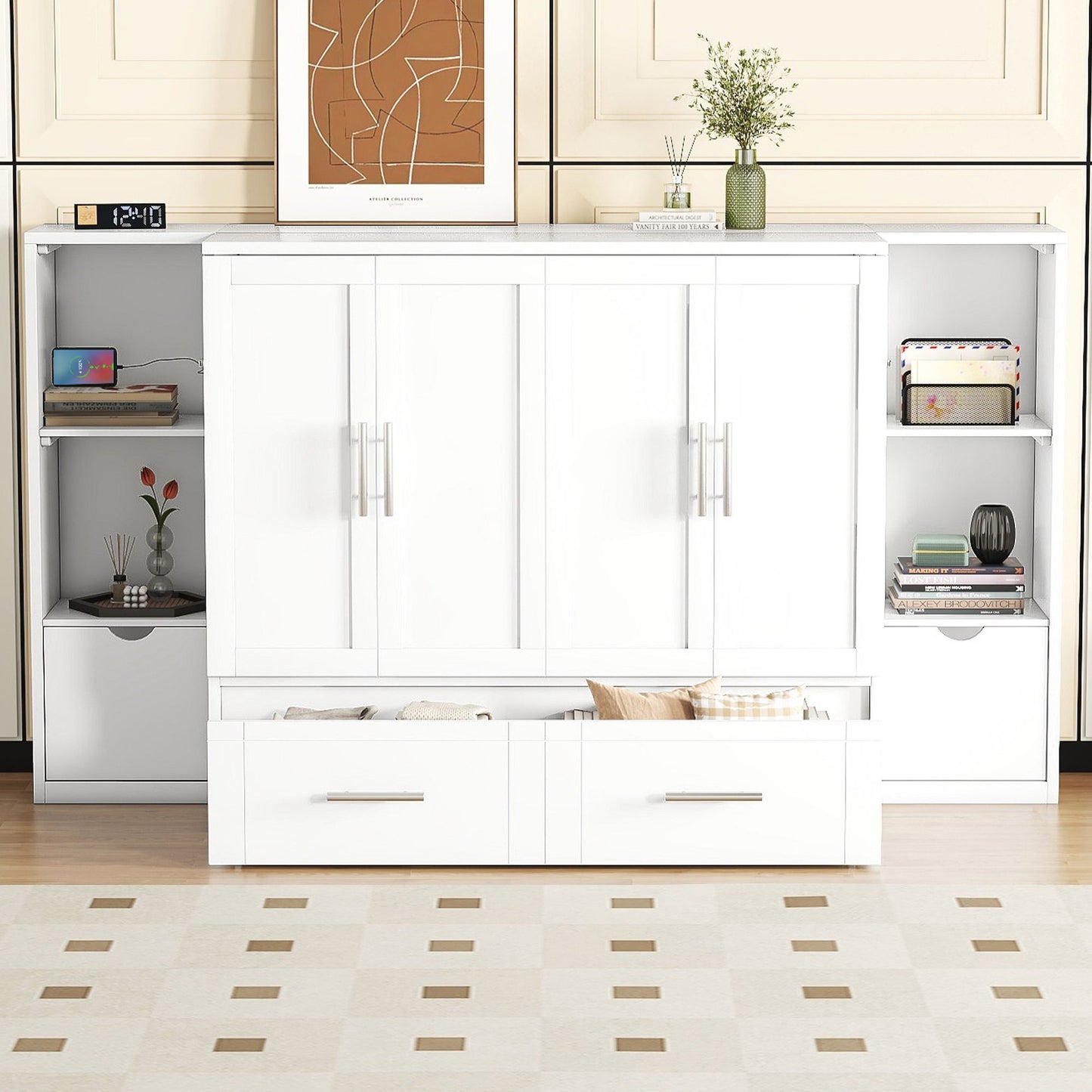 Queen Size Murphy Bed With Shelves, Drawers And USB Ports - White
