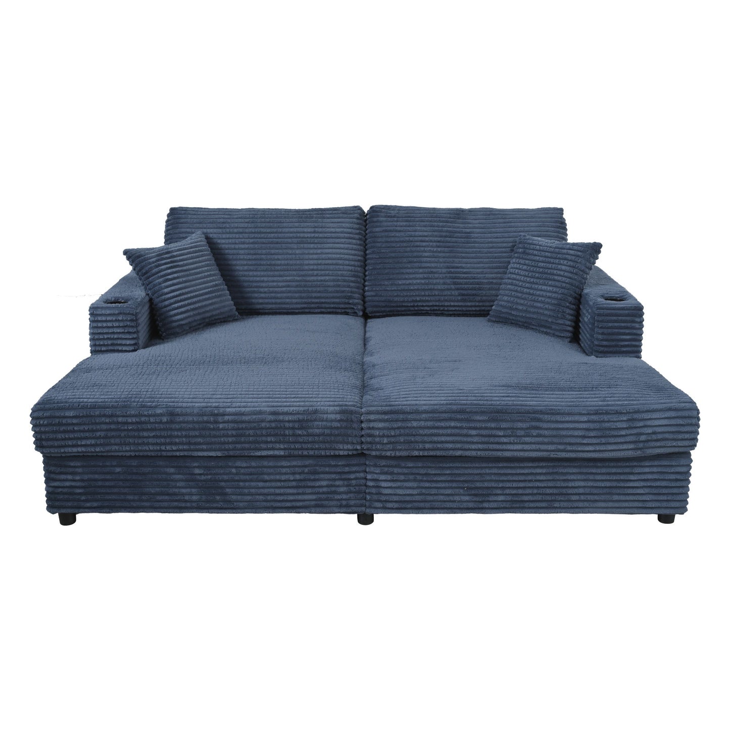 Oversized Loveseat Chaise Lounge Sectional Sofa Bed Corduroy Sleeper Sofa With 2 USB Ports, 2 Cup Holders And 2 Throw Pillows For Living Room And Bedroom - Blue