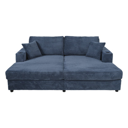 Oversized Loveseat Chaise Lounge Sectional Sofa Bed Corduroy Sleeper Sofa With 2 USB Ports, 2 Cup Holders And 2 Throw Pillows For Living Room And Bedroom - Blue