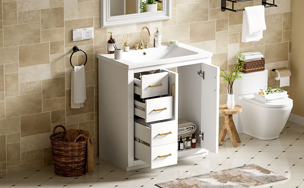 Bathroom Vanity With Ceramic Sink Combo, Frame Bathroom Storage Cabinet, Freestanding Vanity Set With 3 Drawers & Soft Closing Doors - White