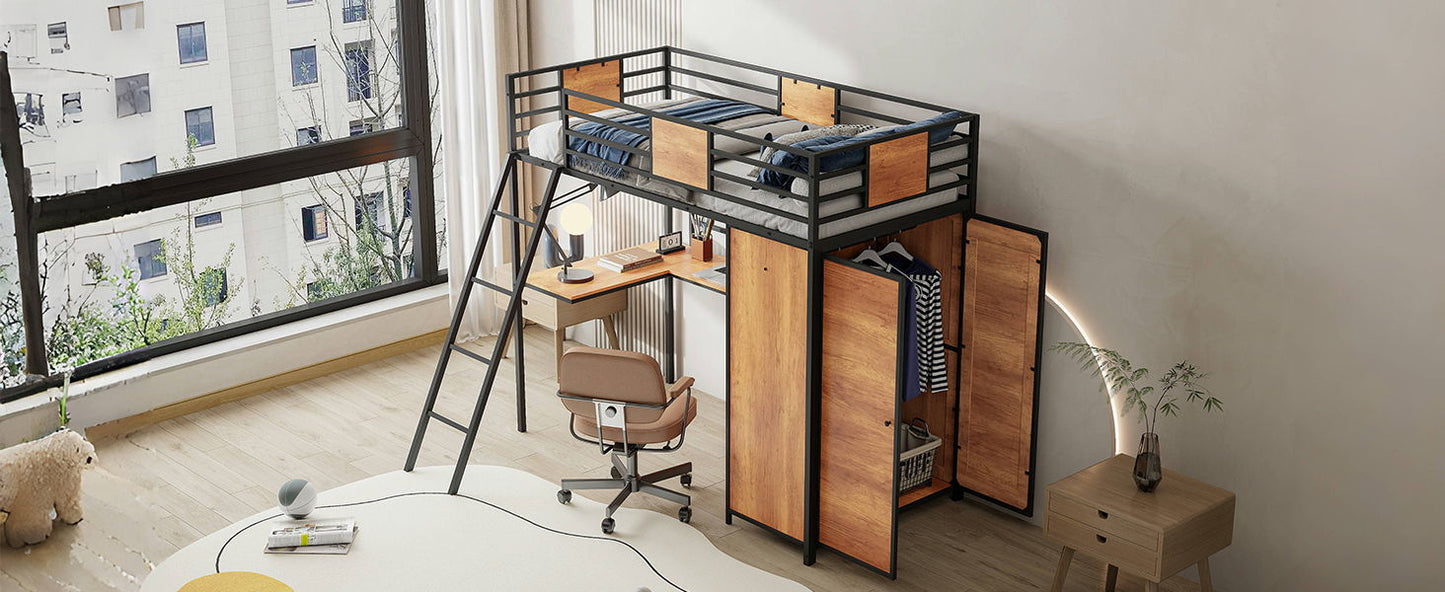 Twin Size Loft Bed With L Shape Desk And Wardrobe - Black