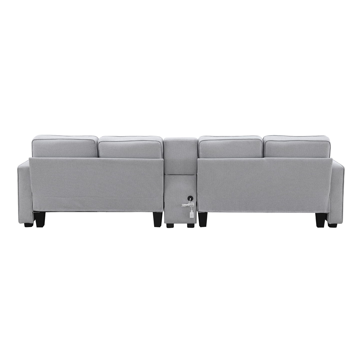 Upholstered Sofa With Console, 2 Cupholders And 2 USB Ports Wired Or Wirelessly Charged, Modern Linen Fabric Couches With 4 Pillows (4 Seat) - Light Gray