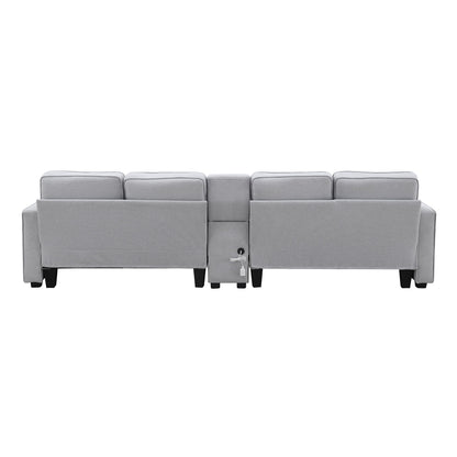 Upholstered Sofa With Console, 2 Cupholders And 2 USB Ports Wired Or Wirelessly Charged, Modern Linen Fabric Couches With 4 Pillows (4 Seat) - Light Gray