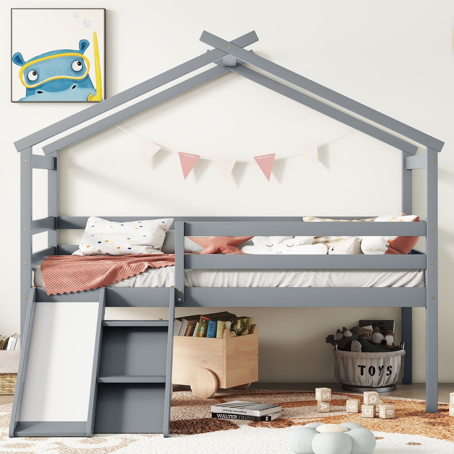 Twin Low Loft House Bed With Slide, Ladder, Safety Guardrails, House Roof Frame - Gray