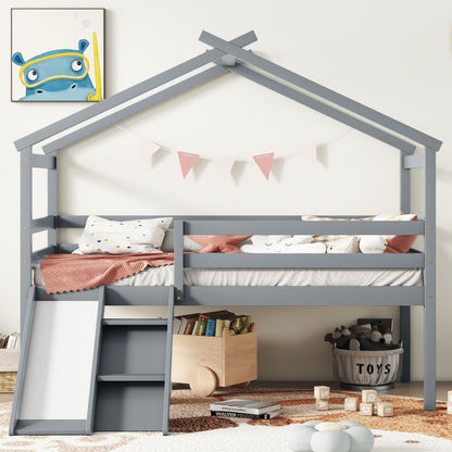 Twin Low Loft House Bed With Slide, Ladder, Safety Guardrails, House Roof Frame - Gray