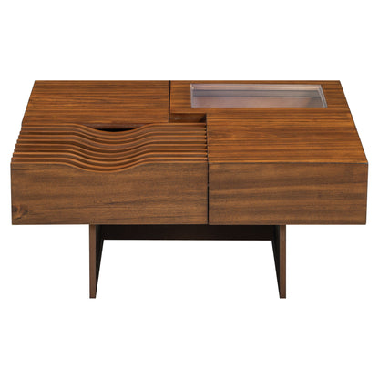 Mid Century Modern Coffee Table, Unique Square Wooden Coffee Table With 3 Drawers, Tempered Glass And Solid Wood Legs For Living Room - Brown