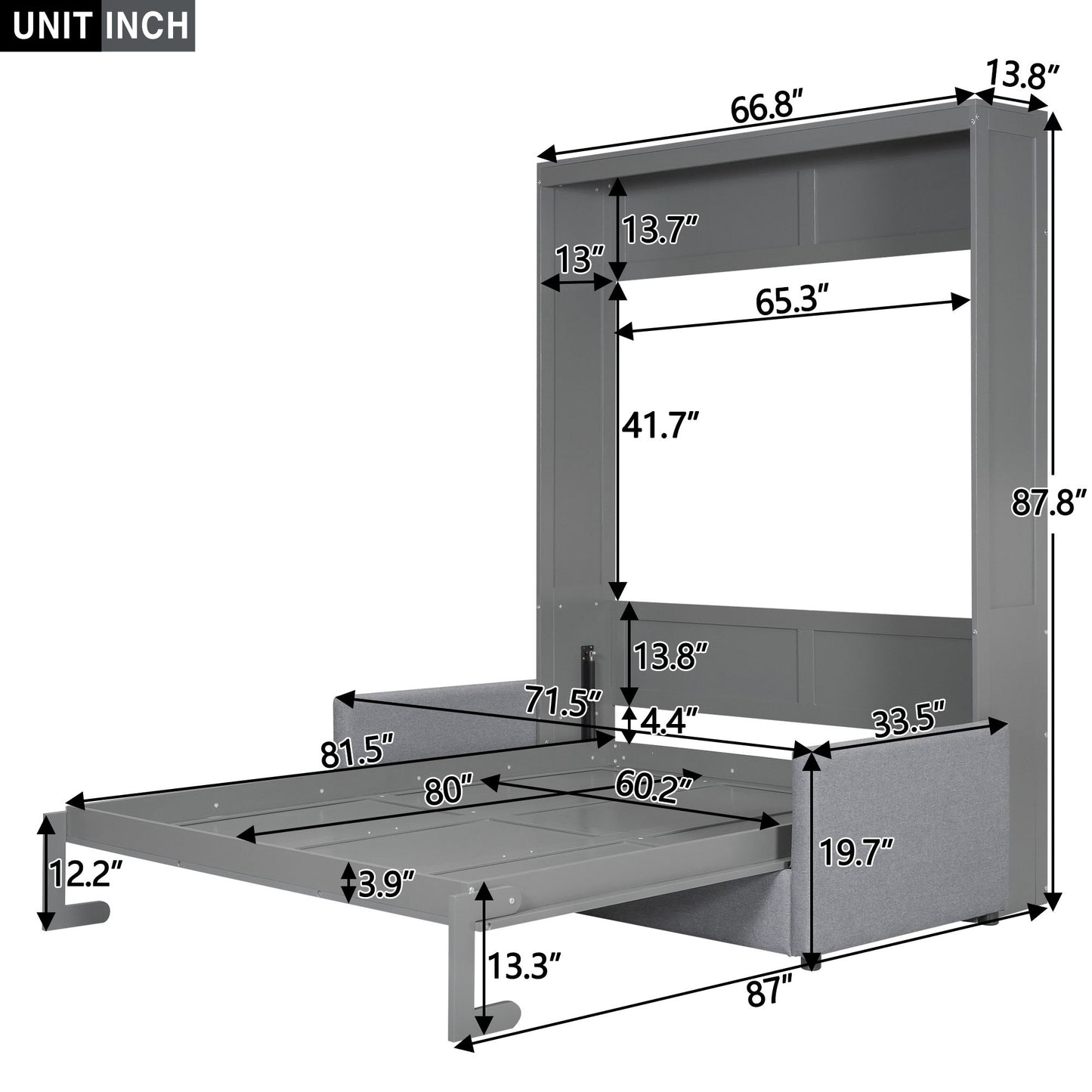 Queen Size Murphy Wall Bed With Cushion - Gray