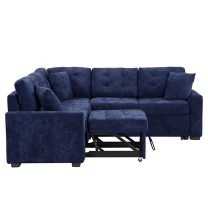 L-Shape Sofa Bed Pull-Out Sleeper Sofa With Wheels, USB Ports, Power Sockets For Living Room - Navy Blue