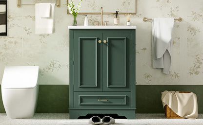 Bathroom Vanity With Ceramic Sink Combo, Modern Freestanding Storage Cabinet With Silver Handles, Soft Closing Doors - Green