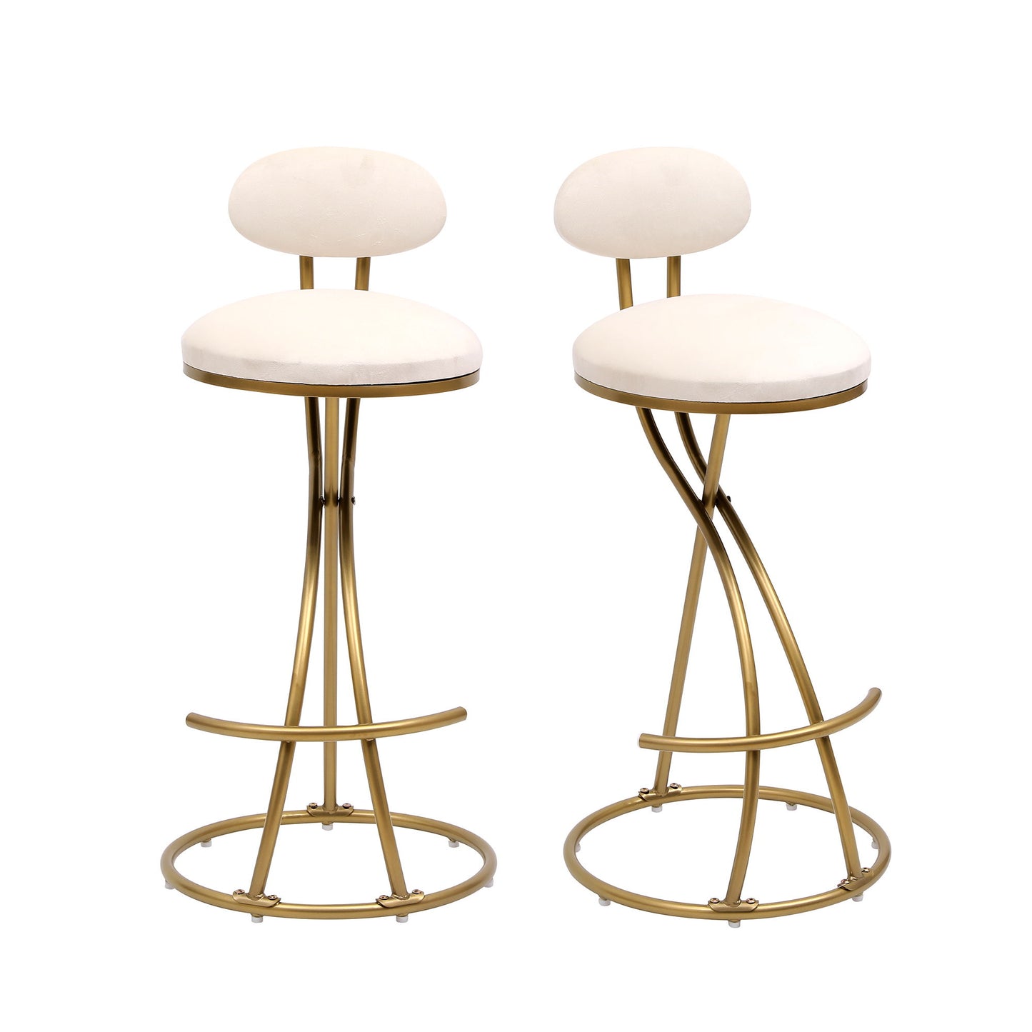 Round Bar Stool Armless Velvet Barstools With Back (Set of 2) Upholstered Counter Chair For Dining Room, Kitchen Island - Gold / Creamy White