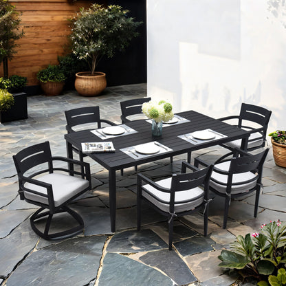 7 Piece Modern Outdoor Patio Dining Set Furniture, 4 Dining Chairs & 2 Swivel Rockers Sunbrella Fabric And Rectangle Dining Table With Umbrella Hole - Ember Black