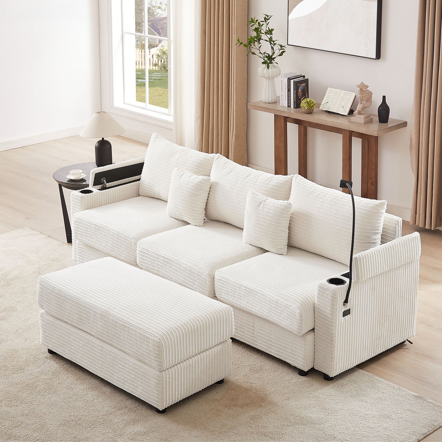 Modern Style 3 Seater Sofa Sectional Sofa Couch With Storage Space, A Movable Ottoman, Two USB Ports, Two Cup Holders, A Phone Holder For Living Room - Beige
