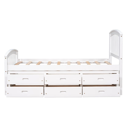 Twin Size Platform Storage Bed Solid Wood Bed With 6 Drawers - White