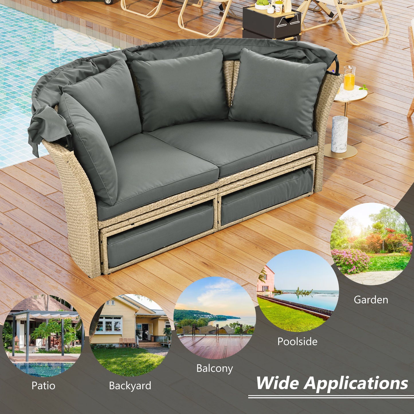 Outdoor Patio Daybed Wicker Rattan Double Daybed Round Sofa Furniture Set With Retractable Canopy, 4 Pillows For Lawn Garden Backyard Porch Pool - Gray