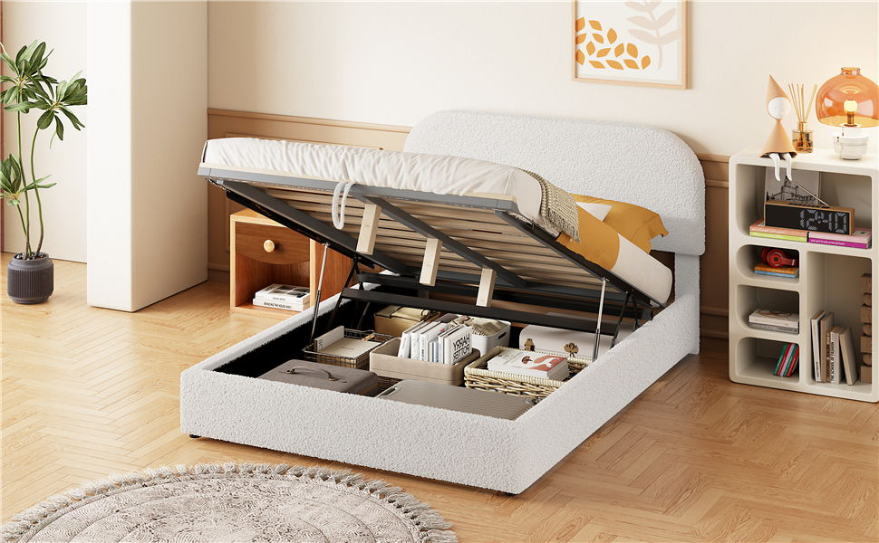 Full Size Upholstered Platform Bed With Hydraulic Storage System - White