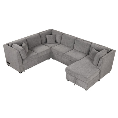 U-Shaped Sectional Sofa Pull Out Sofa Bed With Two USB Ports, Two Power Sockets, Three Back Pillows And A Storage Chaise For Living Room - Light Gray