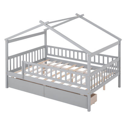 Full Size House Bed With 2 Drawers - Gray